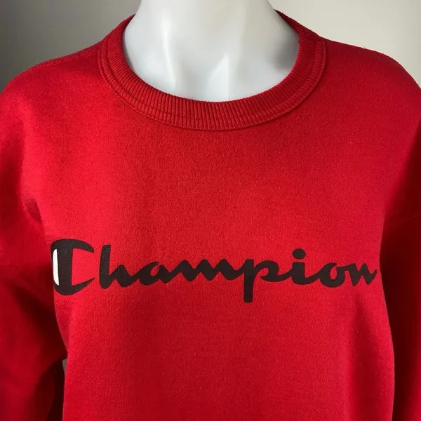 Champion Red Crew Neck Logo Fleece Spell Out Oversized Pullover Sweatshirt Sz L - Image 3