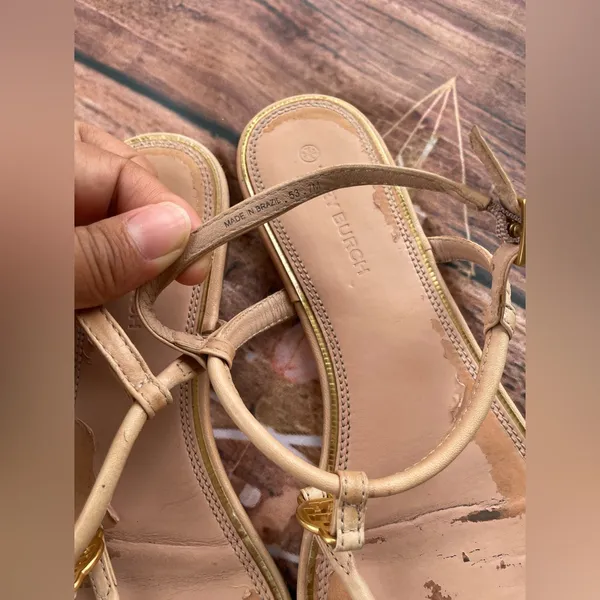 Tory Burch Tan Sandals with Gold Medallion - Image 4