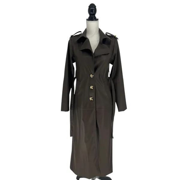 Wyld Blue Faux‎ Leather Trench Coat Dark Chocolate Size XS - Image 6