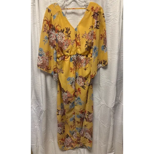 RWish Medium Yellow Floral Wrap Dress V Neck Flowey Maxi Chiffon‎ - Image 9
