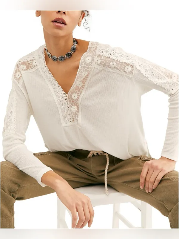 Free People Lola Lace Thermal Knit Long Sleeve Woman’s Top Cream S - Image 9