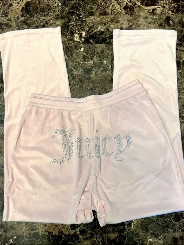 Juicy Couture Velvet Fleece Light Pink Rhinestone Wide Leg Pants Medium - Image 5