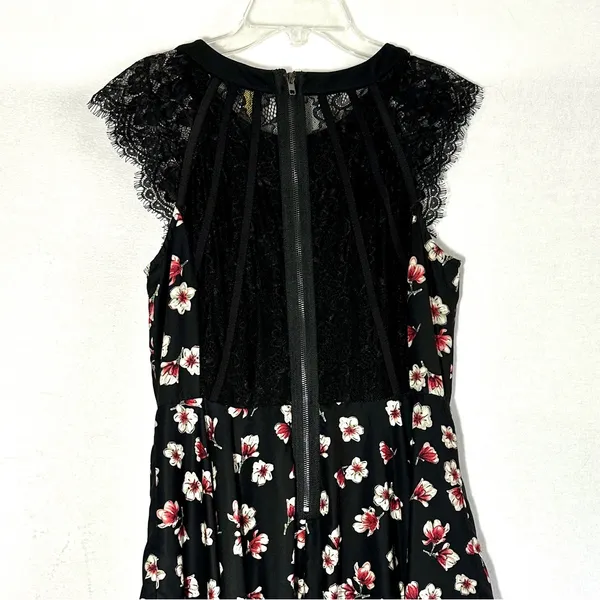 Miss Me Floral Dress M Black Lace Lacy Sleeves A Line Lined - Image 4