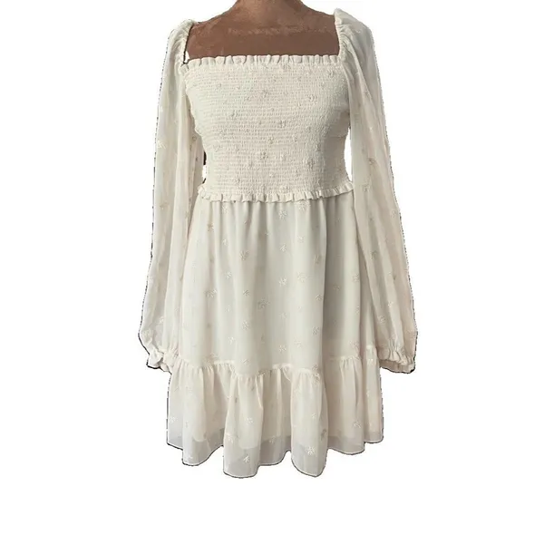 Aritzia Wilfred Tempest Smocked Chiffon Embroidered Mini Dress in Ivory Medium - Image 3
