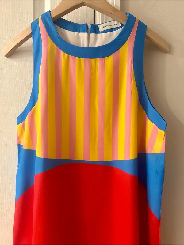 Colorblock Mini Dress in Red, Blue & Yellow Stripe - Image 2