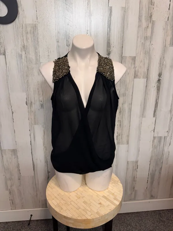 AKIRA Chicago Red Label Beaded Shoulder Drape Top Womens S Black Sheer Chiffon - Image 5