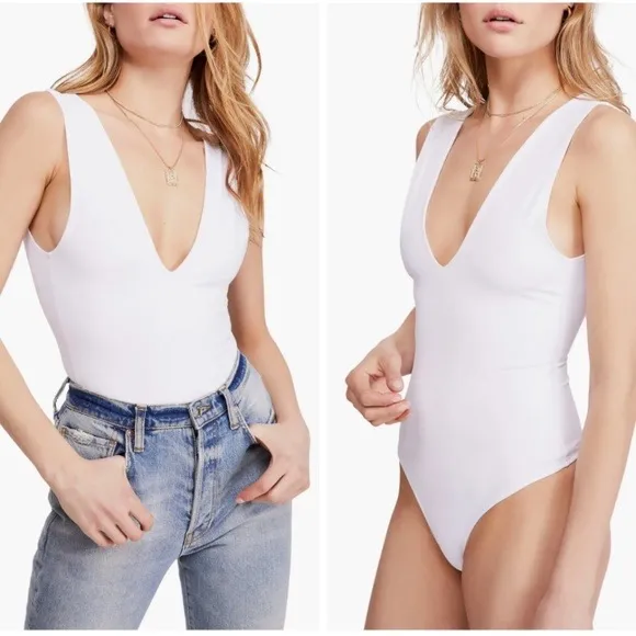 FREE PEOPLE Intimately Keep It Sleek Bodysuit White V-Neck Medium M Sleeveless - Image 2
