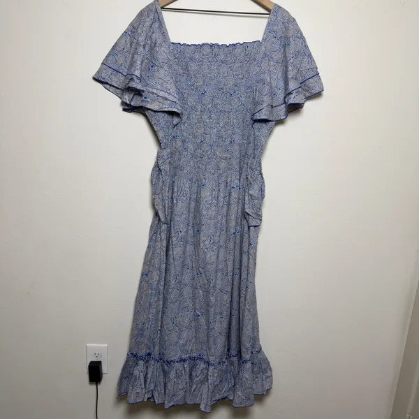 Women Cotton Smocked Midi Dress XL Blue Paisley Flutter Sleeve Nap Cottage - Image 5
