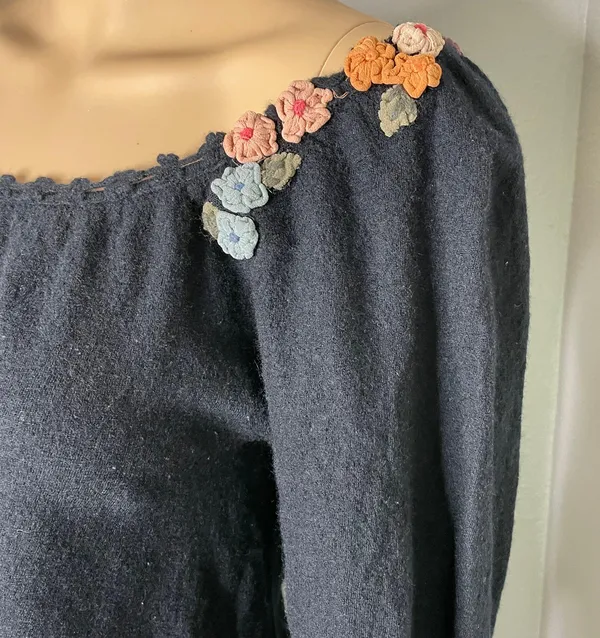 Moth for 3/4 Sleeve Black Wool Blend Blouse Floral Appliqué Detail - Image 2