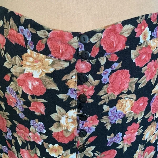 Vintage 90s Maxi Skirt Dark Floral Black Pink Cottagecore‎ Button Down XL - Image 4