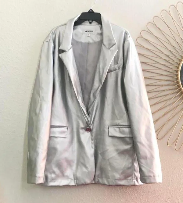 Vigoss Silver metallic faux leather blazer Suit Sleek Jacket Coat Long Sleeve Single One Button-XL #festival #office siren #preppy #avant-garde #corporate Measurement in pics - Image 2