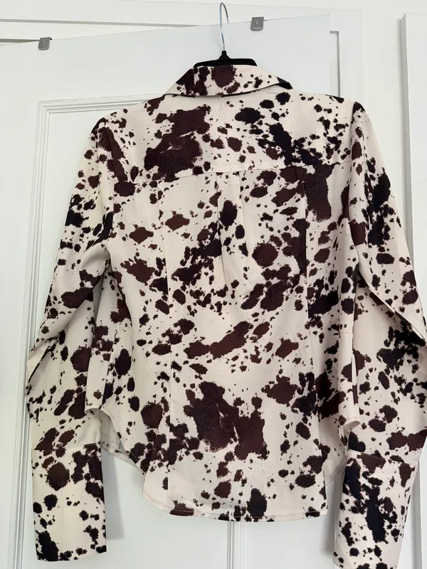 Satin Cow Print Fitted Button Up Shirt - Image 5