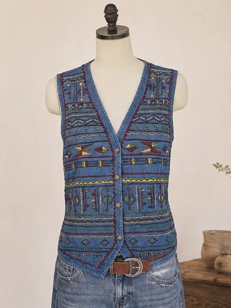 Vtg Asapo Western 100% Cotton Floral Tribal Embroidered‎ Denim Button Up Vest, M - Image 2