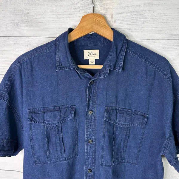 J. Crew Indigo Linen Cotton Short Sleeve Button Up Shirt Womens Small H6504 - Image 3