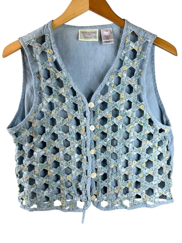 Vintage Susan Bristol Floral Lattice Cutout Cotton Vest S Cottagecore 1998 - Image 3