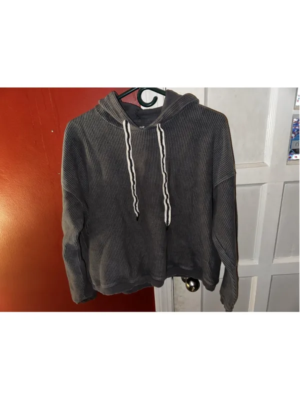 Aerie Gray Ribbed Corded Hoodie Cropped Textured Pullover Cozy Lounge Gorpcore - Image 4
