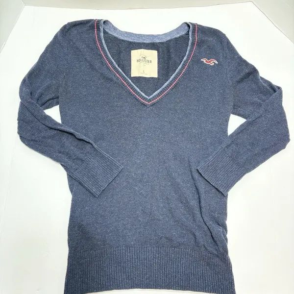 Hollister Y2K Navy V-Neck Sweater Red Striped Trim Preppy Bella Swan Core L - Image 6