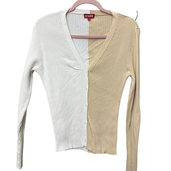 STAUD‎ Cargo Colorblock Rib Knit Cardigan Size Large Long Sleeve Stretch - Image 3
