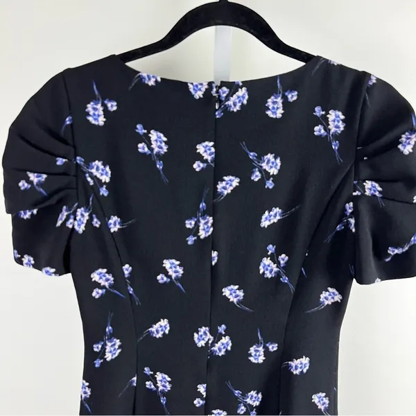Club Monaco Floral Puff‎ Sleeve V-Neck Mini Dress Black Blue Size 2 - Image 4