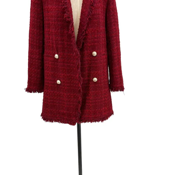 Zara Tweed Blazer Jacket‎ Coat Gold Buttons Frayed Hem Red Size Small - Image 6
