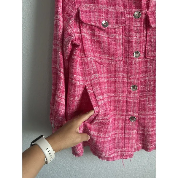 ZARA Pink Plaid Tweed Shacket Oversized Shirt Jacket Boucle Coquette XS NEW - Image 8