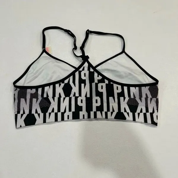 PINK Victoria’s Secret Logo Sports Bra Medium – Black White Racerback Compressio - Image 2