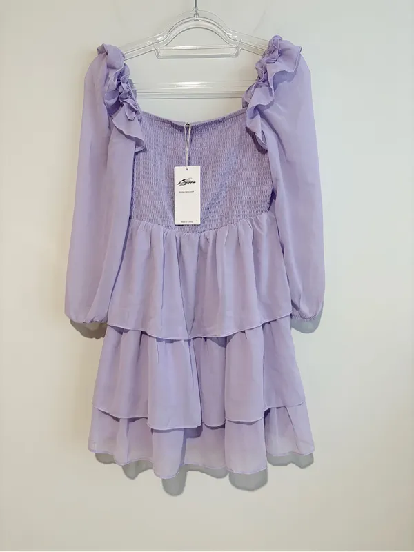 Byinns Smocked Ruffle Mini Dress Square‎ Neck Long Sleeve purple size small - Image 2