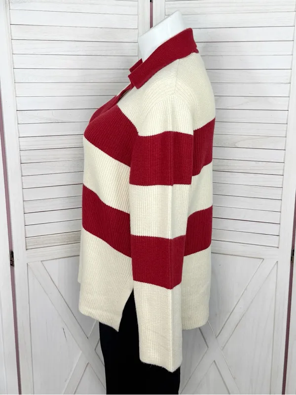 A New Day Rugby Stripe Polo Collar‎ Oversized Sweater Cream Red Large Preppy - Image 3