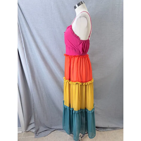 Sadie & Sage Maxi Dress Multicolor Colorblock Tiered Ruffle Boho Medium - Image 6