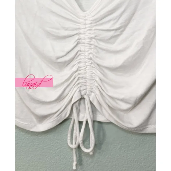 Ambiance Apparel Ruched Scrunched V-Neck Short Sleeve Drawstring Gathered Cropped Tee Crop Top S - Image 4
