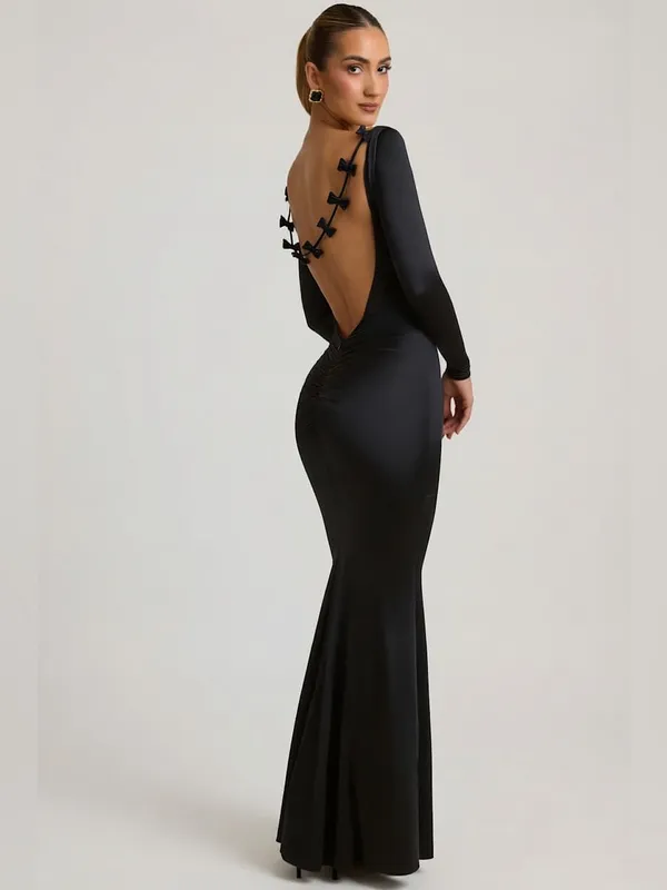 Oh Polly Alila Bow-Detail Ruched Maxi Dress in Black - Image 2