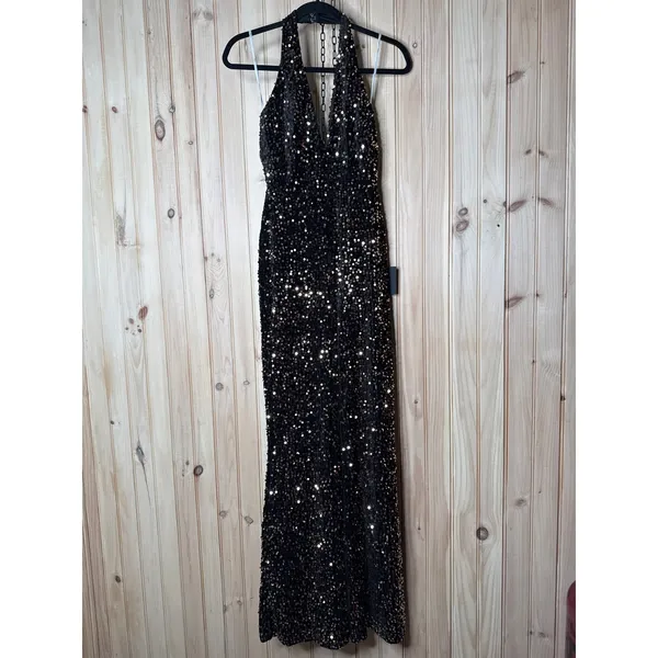 NWT Lulus Mesmerizing Diva Black Sequin Wide-Leg Halter Jumpsuit Party Size XS - Image 2