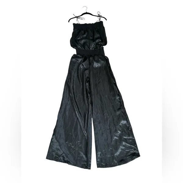 Vintage Black Satin Jumpsuit Smocked Waist Palazzo Leg Minimalist Cocktail Party - Image 2