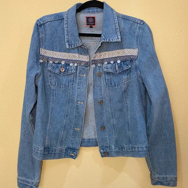 BOOM BOOM Jeans Denim Boho Embellished Festival Jacket - size medium - Image 3