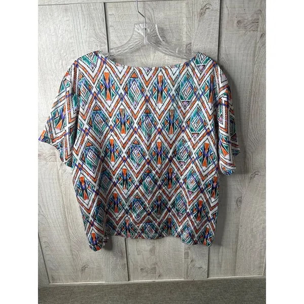 Cowgirl Up Womens Colorful Southwestern Aztec Print Blouse Large Blue Orange - Image 2