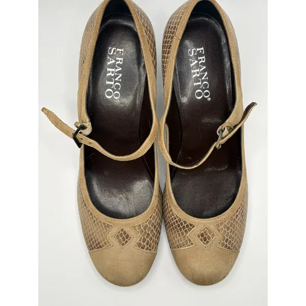 Franco Sarto Womens Mary Jane Pumps Tan Suede Snakeskin Embossed Heel Size 7M - Image 3