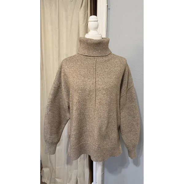 HM Womens Sweater S Oversized Beige Marl Turtleneck Wool‎ Blend Seam Detail - Image 2