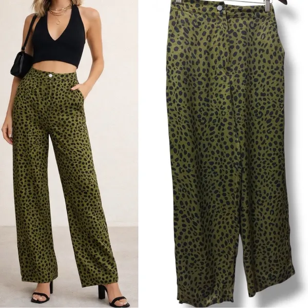 Zara | NWOT Turkey Olive Green Leopard Print High Waist Straight Leg Pants (XS) - Image 2