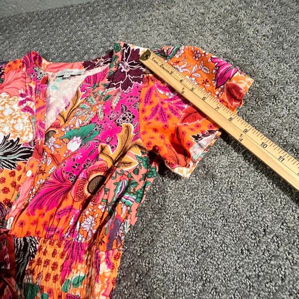 LOFT Floral Mini Dress Womens MP Pink Orange Patchwork Smocked V-Neck Tropical - Image 8
