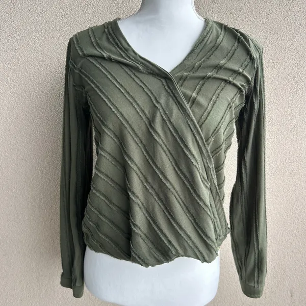 Maeve by Anthropologie Olive Green Striped V-Neck Blouse Longsleeve Size XS - Image 2
