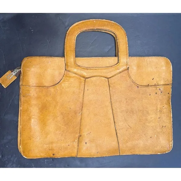 Vintage‎ Genuine Leather Tan Rustic Distressed Workwear Satchel Briefcase Bag - Image 6