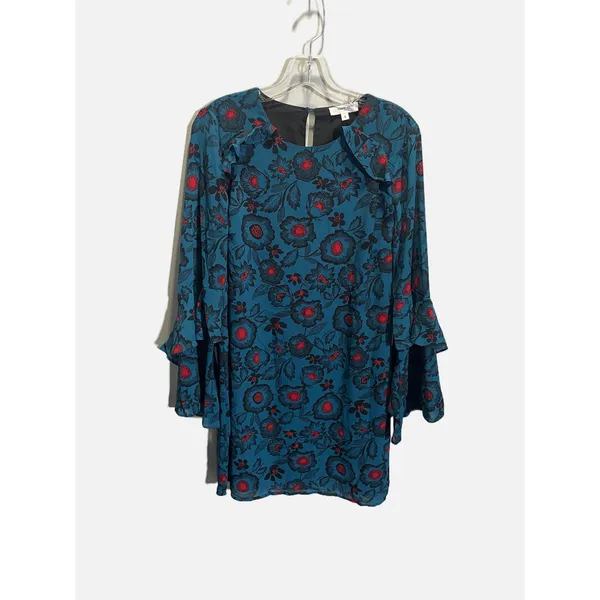 Hashttag in Trend Floral Shift Dress Womens S Teal Blue Ruffle‎ Bell Sleeve Mini - Image 2