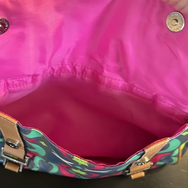 Lily Bloom Multicolor Satchel Handbag‎ Geometric Floral Coated Canvas Brown Trim - Image 9