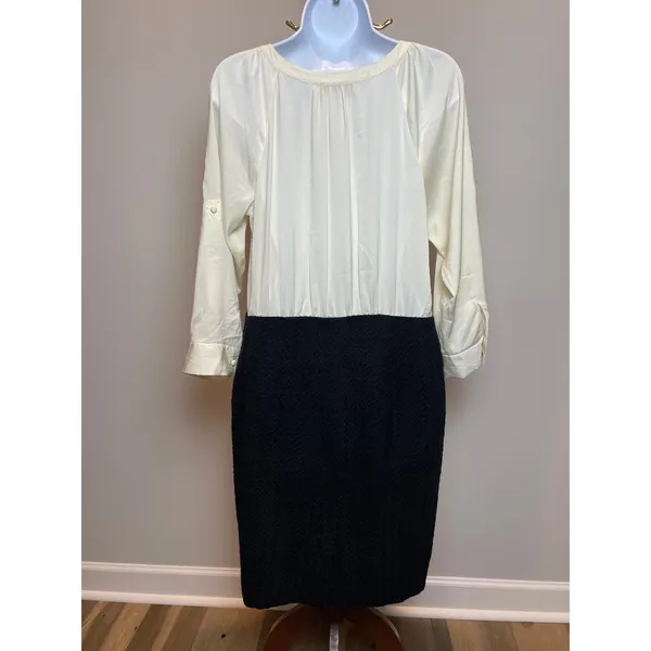 LOFT Mixed Media Dress Size 6 Cream Black Long Sleeve Ruffle Top Knee Length - Image 2