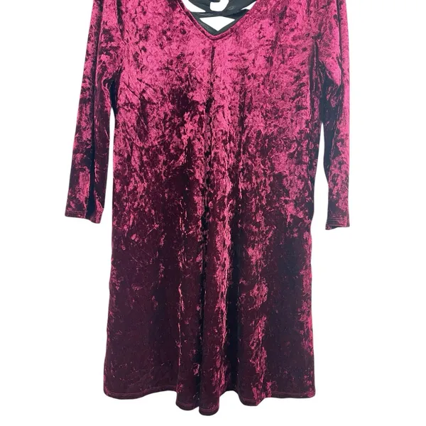 A Byer 90s Y2K Burgundy Crushed Velvet Black Tie Up Back V-neck Dress L Holiday - Image 7