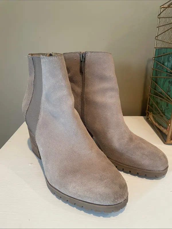 Franco Sarto Taupe Suede Ankle Booties with Stacked Heel - Image 2