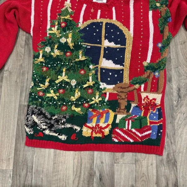 Vintage Tiara International 3D Knit Ugly Christmas Cat Sweater M - Image 5