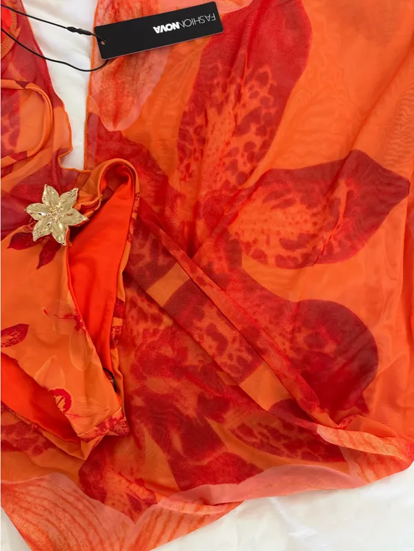 Orange Floral 3 Piece Bikini Set & Cover Up Cowl Neck Dress Sunsuit - Image 8