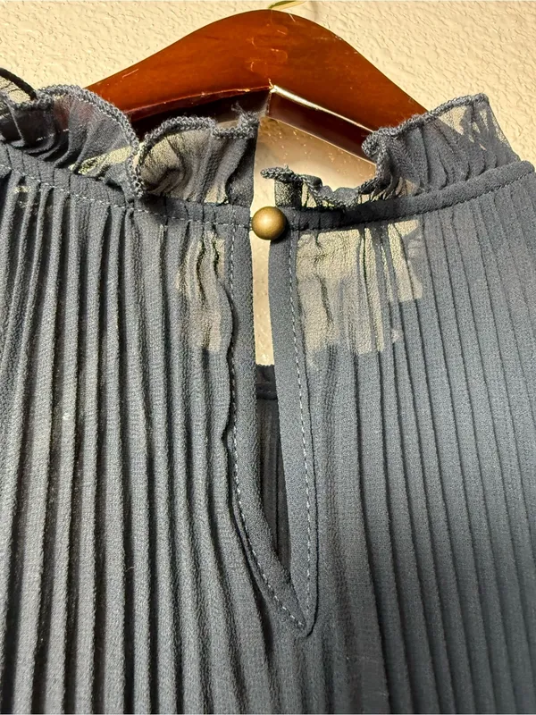 Anthropologie Pleated Sheer Chiffon Ruffle‎ Mock Neck Blouse Slate Blue Size M - Image 6