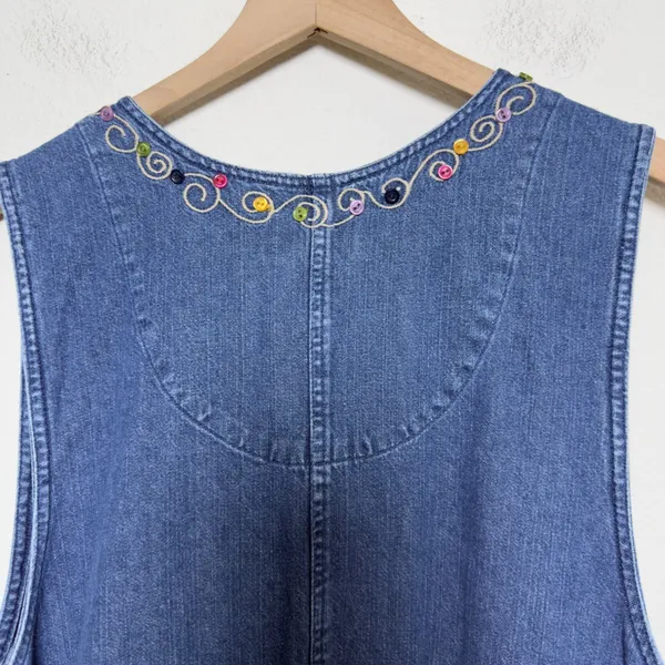 VTG 90s Women 100% Cotton Western Denim Jumper Dress Button Blue Embroidered‎ - Image 9